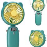 ECOSKY CUTE CAT EAR FAN WITH DISPLAY,HANGING BAND AND USB CHARGER Hand Fan, USB Rechargeable,Pocket Fan Portable with 4Speed,LED Screen, Foldable USB Fan (green)