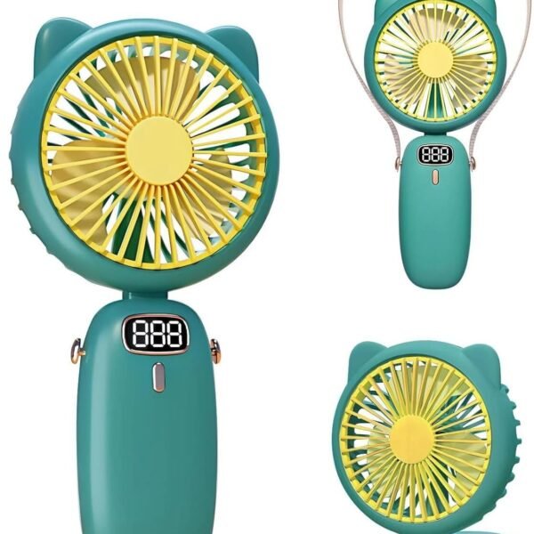 ECOSKY CUTE CAT EAR FAN WITH DISPLAY,HANGING BAND AND USB CHARGER Hand Fan, USB Rechargeable,Pocket Fan Portable with 4Speed,LED Screen, Foldable USB Fan (green)